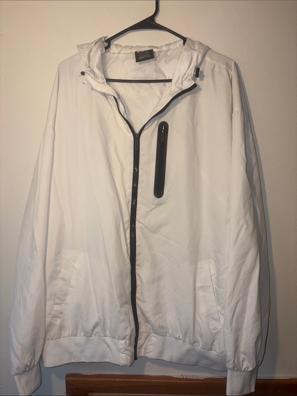 Men's White Hooded Windbreaker with Black-Trim Zip
